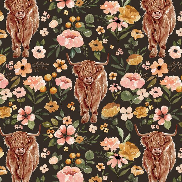 Floral Highland Cow in Umber