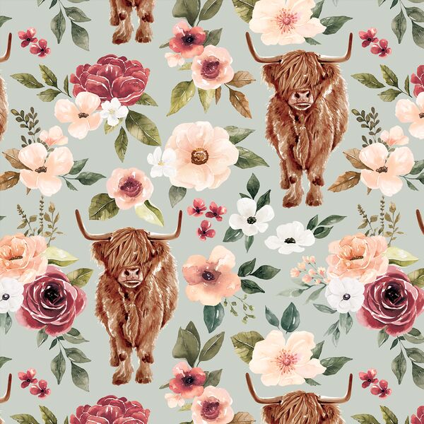 Highland Cow Floral in Dewy Green