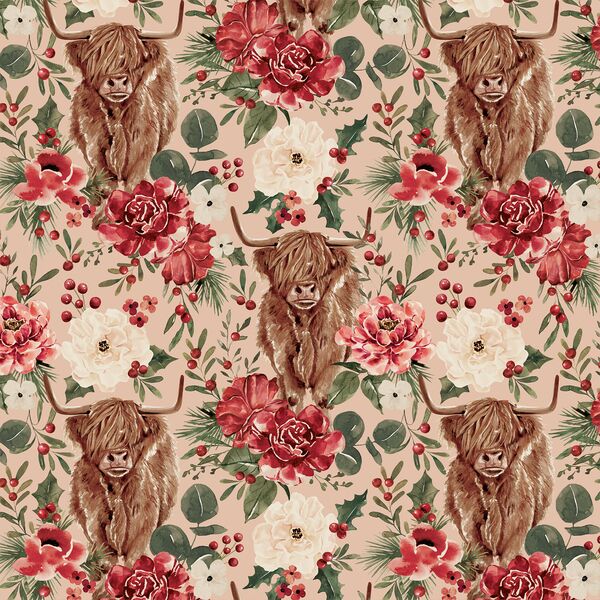 Floral Highland Cow in Blush