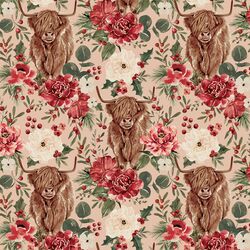 Floral Highland Cow in Blush