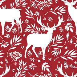 Forest Winter Scene in White on Berry Red
