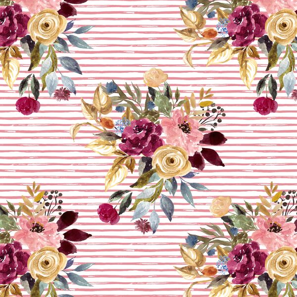 Rose Bouquet in Little Watercolor Stripes in Deep Rosy Pink