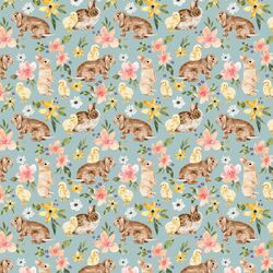 Little Floral Bunnies and Chicks in Light Blue