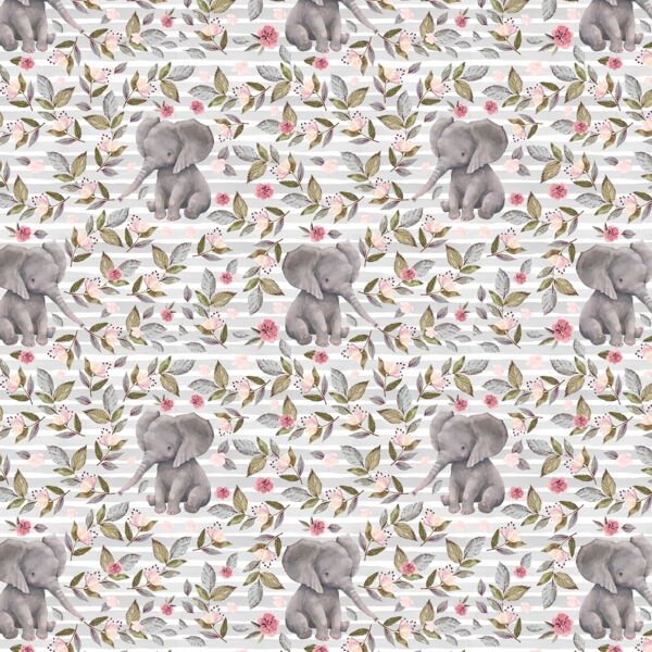 Little Floral Baby Elephant on Stripes in Grey