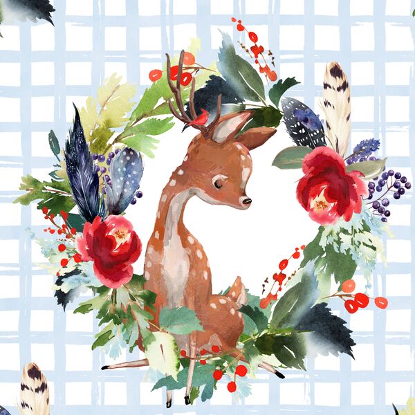 Boho Winter Deer in Frost Blue Plaid