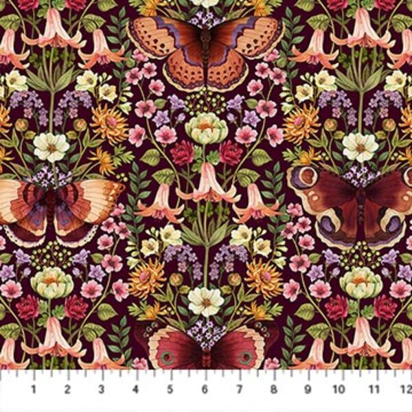 Butterfly Damask in Maroon Multi