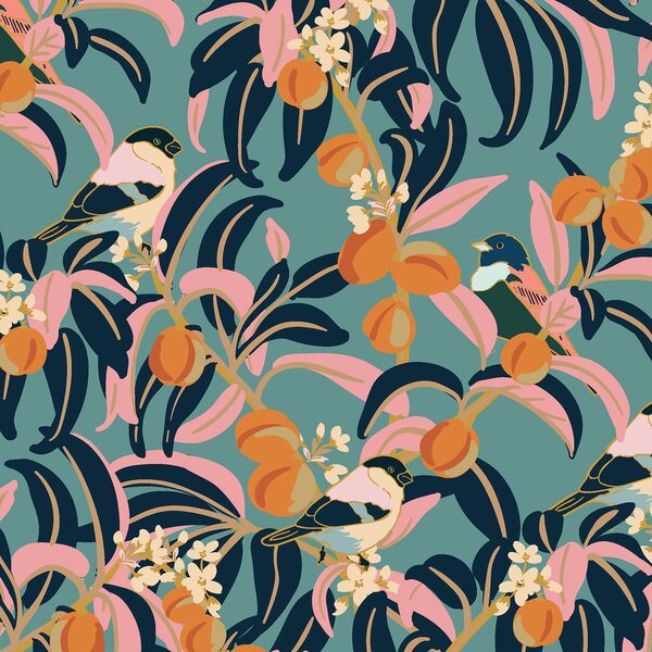 Floral Songbirds in Dark Spruce Green