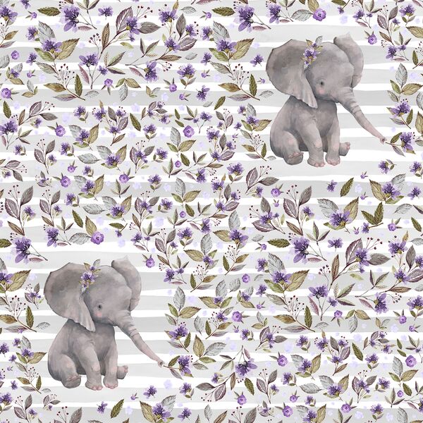 Sweet Floral Elephant on Stripes in Grey