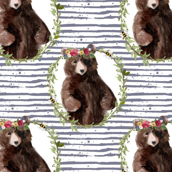 Floral Honey Bear Wreath in Lilac Bush Stripes