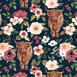 Highland Cow Floral in Navy Blue