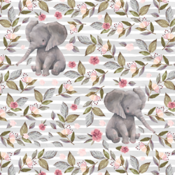 Floral Baby Elephant on Stripes in Grey