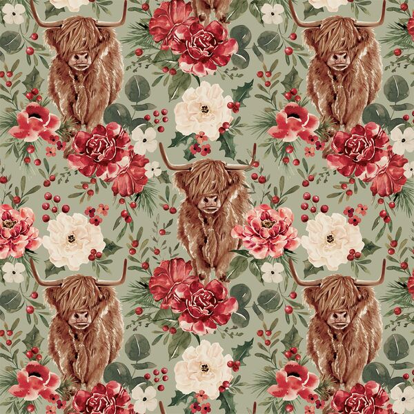 Floral Highland Cow in Sage