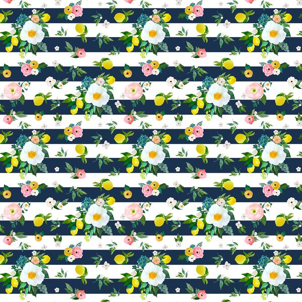 Small Lemon Blossoms in Navy Stripes