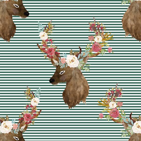 Autumn Deer in Moss Green Stripes