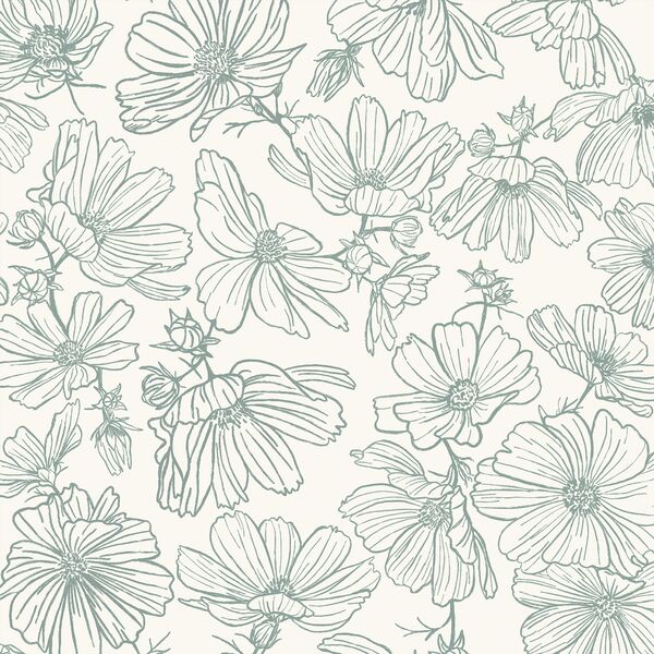 Floral Sketch in Pewter Blue on Cream