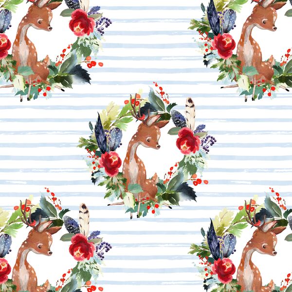 Small Boho Winter Deer in Frost Blue Stripe