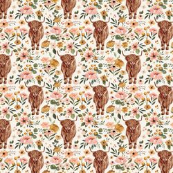Little Floral Highland Cow in Cream
