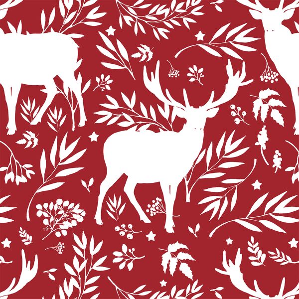 Forest Winter Scene in White on Berry Red