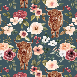 Highland Cow Floral in Night Blue
