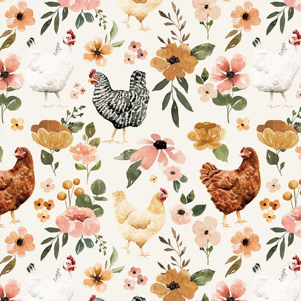 Floral Chickens in Cream