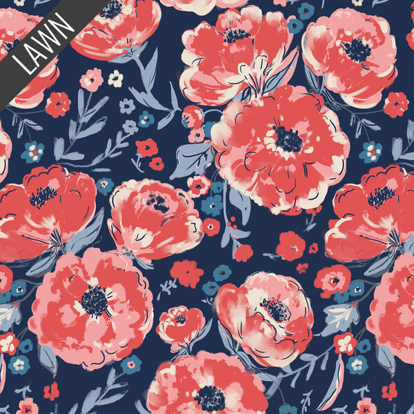 Peonies Cotton Lawn in Navy