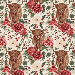 Floral Highland Cow in Cream
